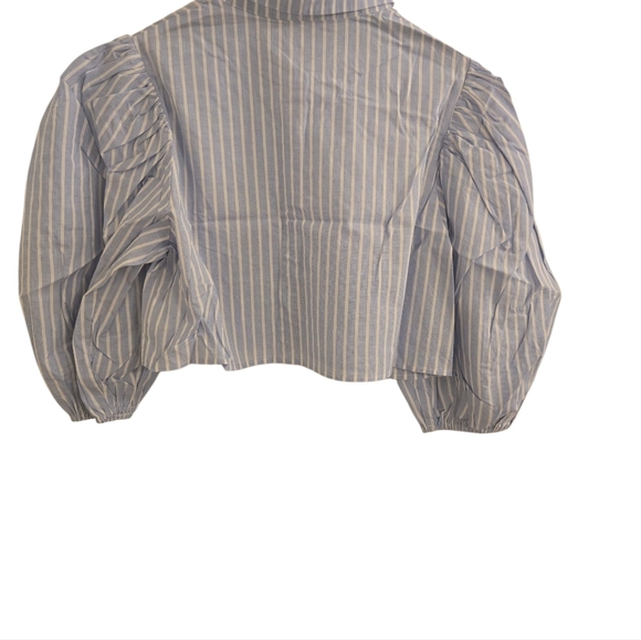 Blue&White Striped Croped Button Up Puff Sleeve 100% Cotton Blouse SZ XL - Picture 4 of 11